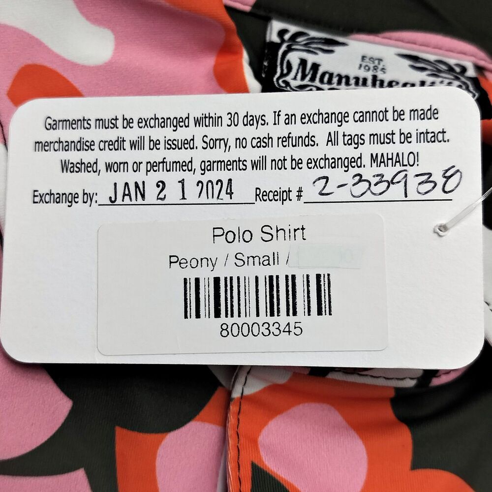 MANUHEALI’I Floral Hawaiian Polo Shirt Aloha Tropical Colorful Bright Peony Sz S - Picture 8 of 10
